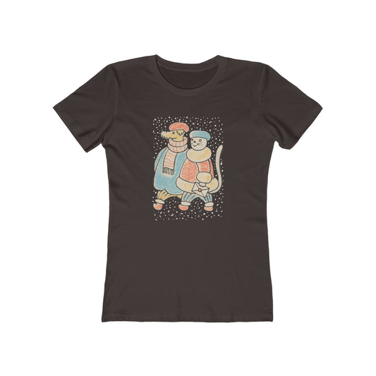 Dog and Cat Snowy Winter Walk T-Shirt Women's