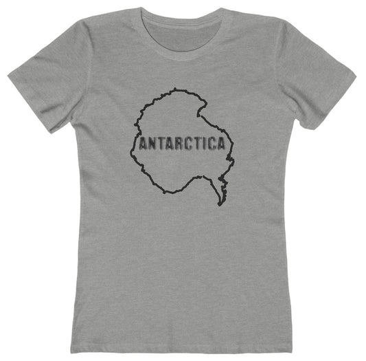 T-shirt with map of Antarctica and text 'ANTARCTICA' in snowy style lettering.