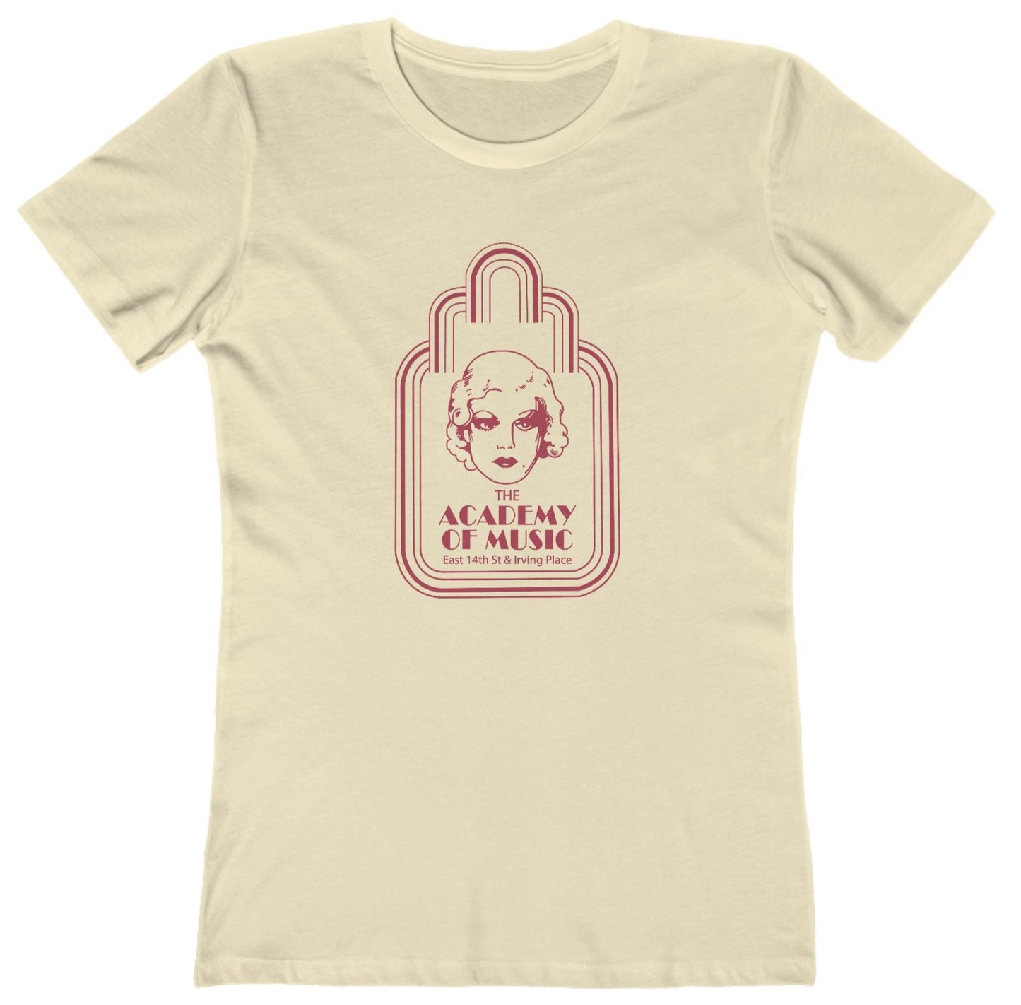 Beige t-shirt with a red graphic design on a white background