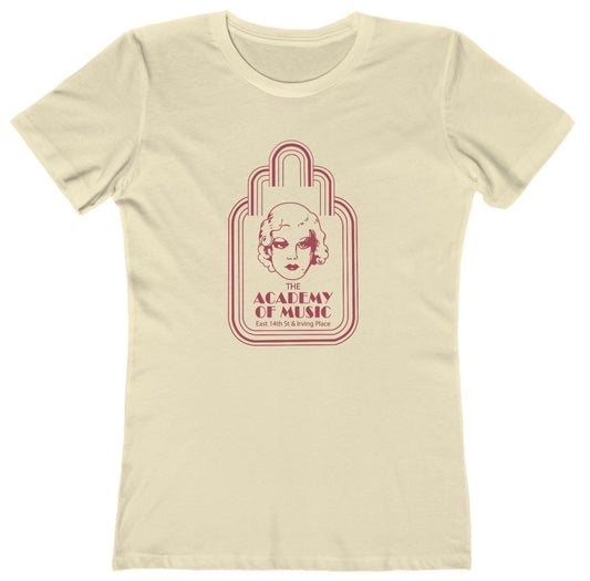Beige t-shirt with a red graphic design on a white background