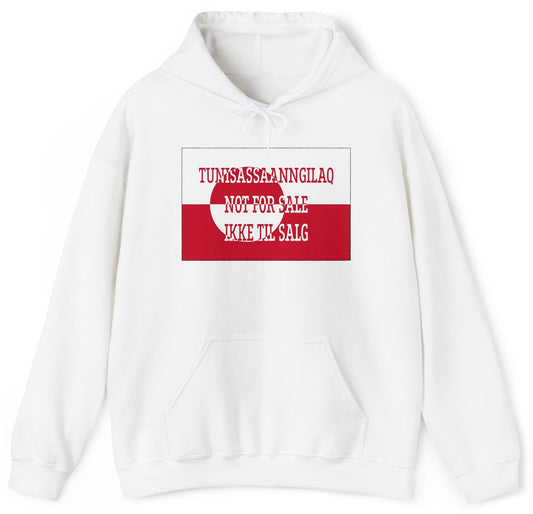 Sweatshirt with the Greenland flag with 'Not For Sale' in Kalaallisut, English and Danish.