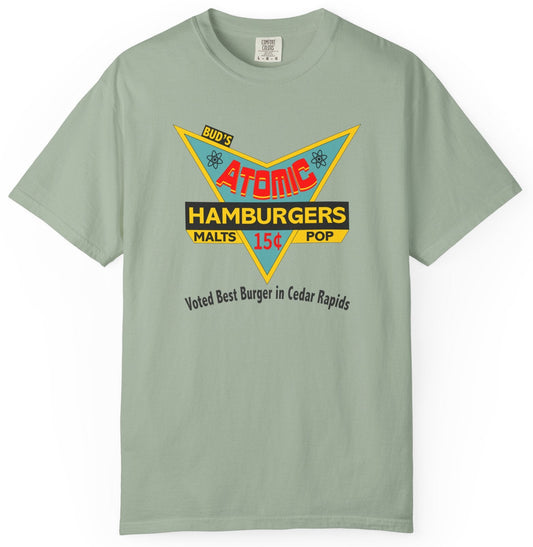 T-shirt with a mid century design for 'Atomic Hamburgers' restaurant with additional text 'Voted Best Burger in Cedar Rapids'
