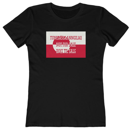 T-shirt with the Greenland flag with 'Not For Sale' in Kalaallisut, English and Danish.