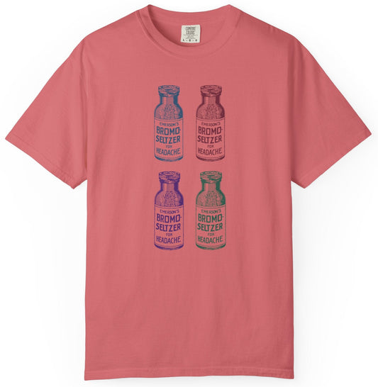 T-shirt with four different colored vintage Bromo Seltzer bottle graphics.