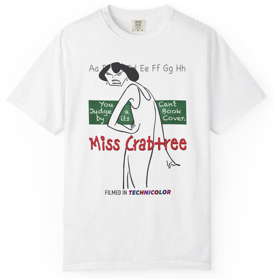 T-shirt with graphic of a poster for a fictional 'Miss Crabtree' movie
