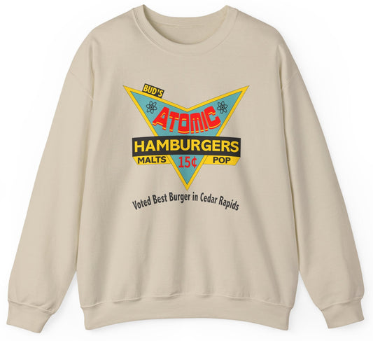 Sweatshirt with retro design graphic of 'Bud's Atomic Hamburgers.'