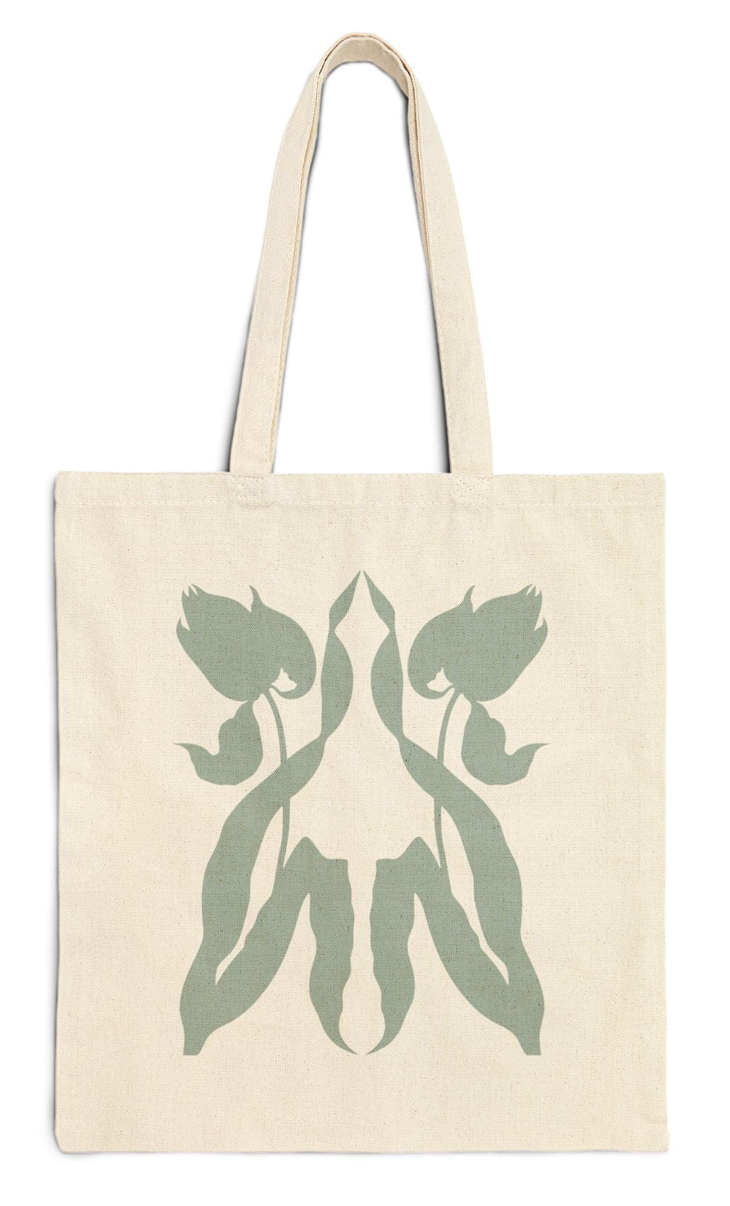 Canvas tote bag with a graphic of two tulips reflecting each other