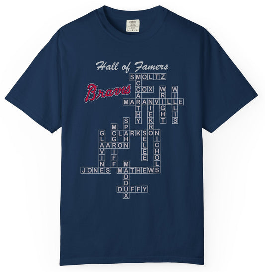 T-shirt with Atlanta/Milwaukee/Boston Braves Hall of Famers in crossword graphic