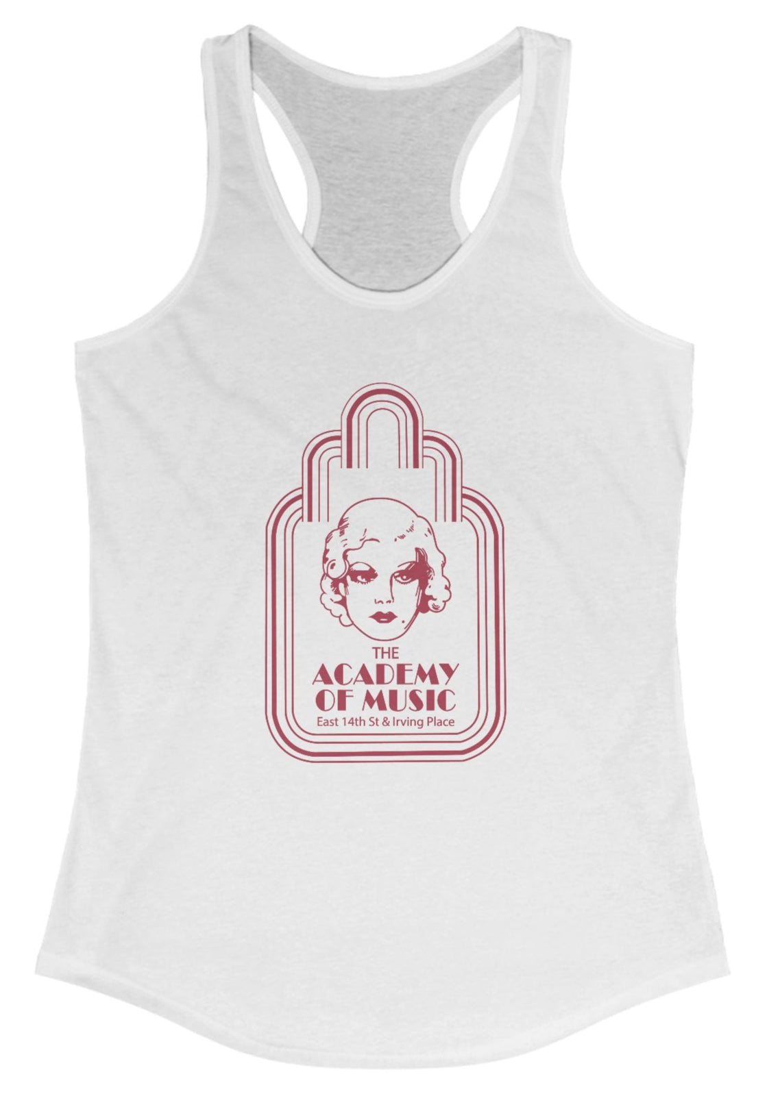 White tank top with red graphic design on a white background