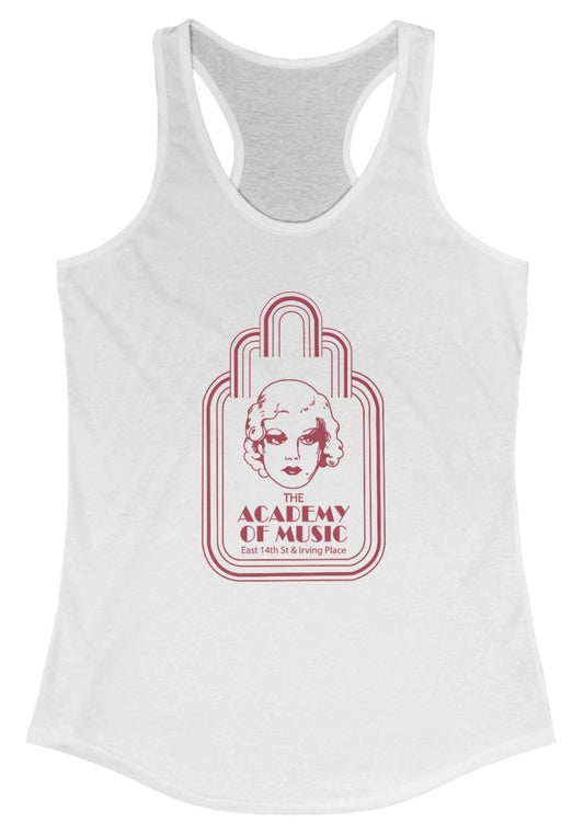 White tank top with red graphic design on a white background