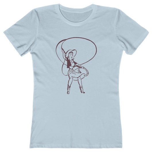 T-shirt with a graphic of a cowgirl roper with a lasso.