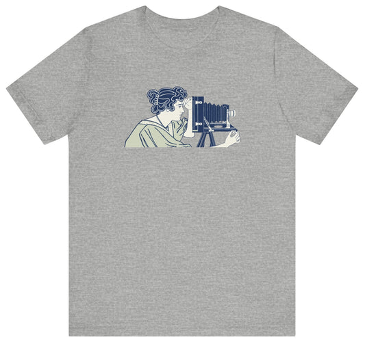 graphic design of a woman photographer using an old style camera