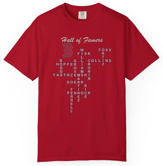 T-shirt with crossword graphic of Boston Red Sox Hall of Fame players.