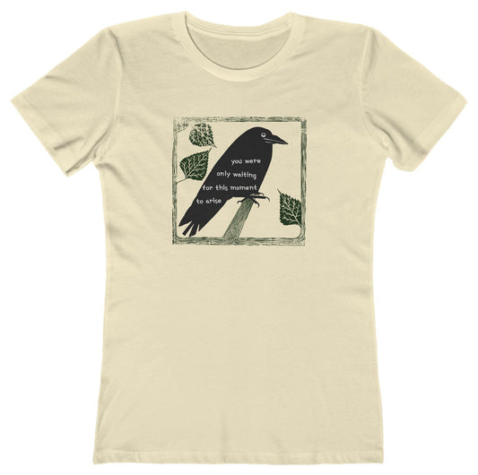T-shirt with graphic of a black bird on a perch with Beatles lyrics text on it's body.