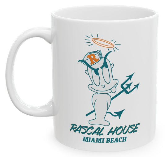 White mug with 'Rascal House Miami Beach' design featuring a cartoon character and text.