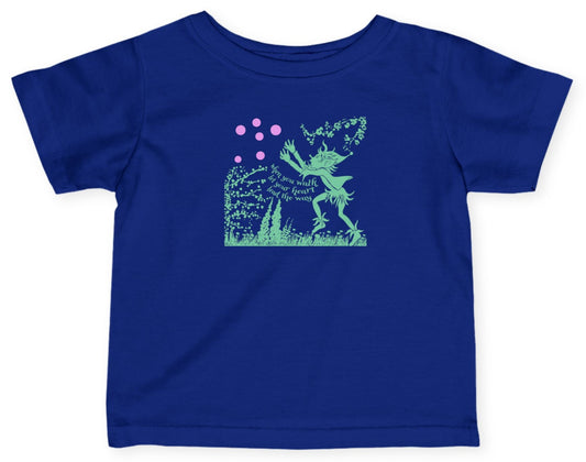 t-shirt with a pixie in a garden chasing bubbles graphic and 'when you walk let your heart lead the way' text lyrics from 'Alfie'