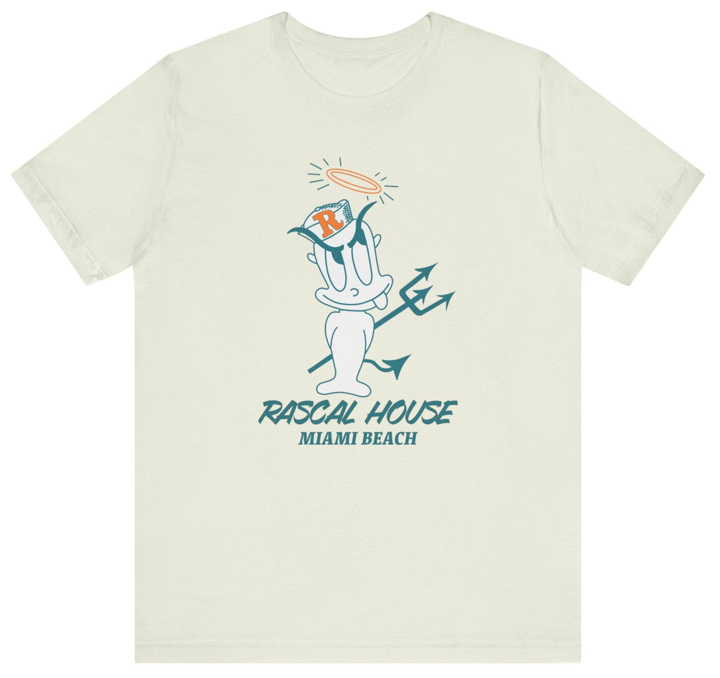 citron t-shirt commemorating the old Rascal House restaurant with rascal character graphic and 'Rascal House Miami Beach' text