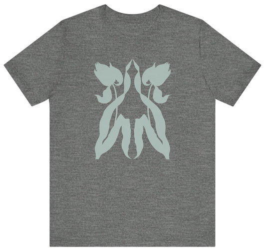 T-shirt with a graphic of two tulips reflecting each other