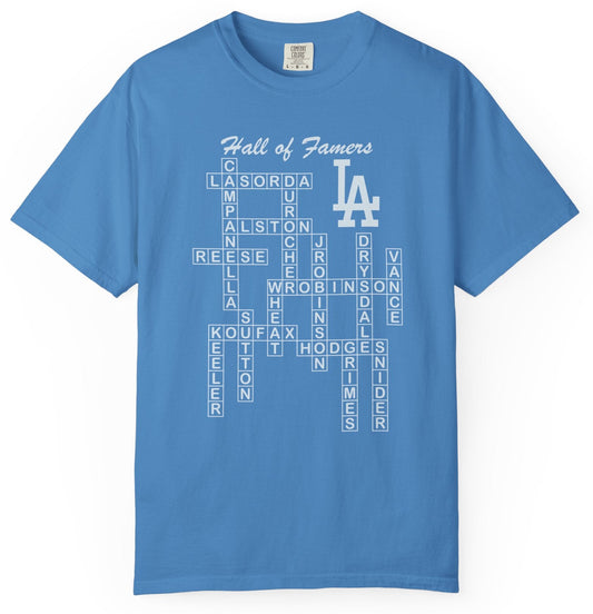 T-shirt with crossword graphic of all Los Angeles Dodger hall of fame players.