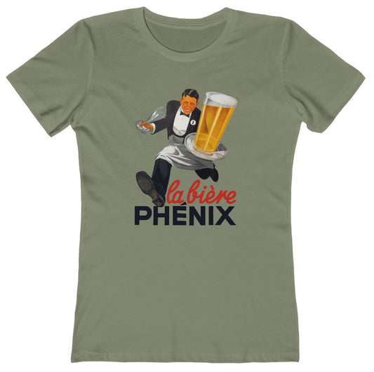 T-shirt with a graphic of a waiter and beer glass, featuring the text 'la bière PHéNIX'.