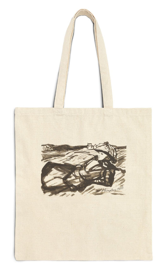 canvas tote bag with graphic of a woman on beach dunes and 'Hamptons 1900' text