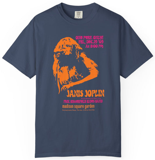 T-shirt with orange and pink graphic of Janis Joplin