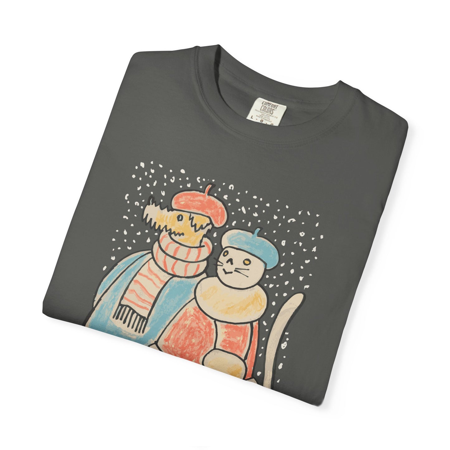 Dog and Cat on a Snowy Winter Walk T-Shirt Unisex