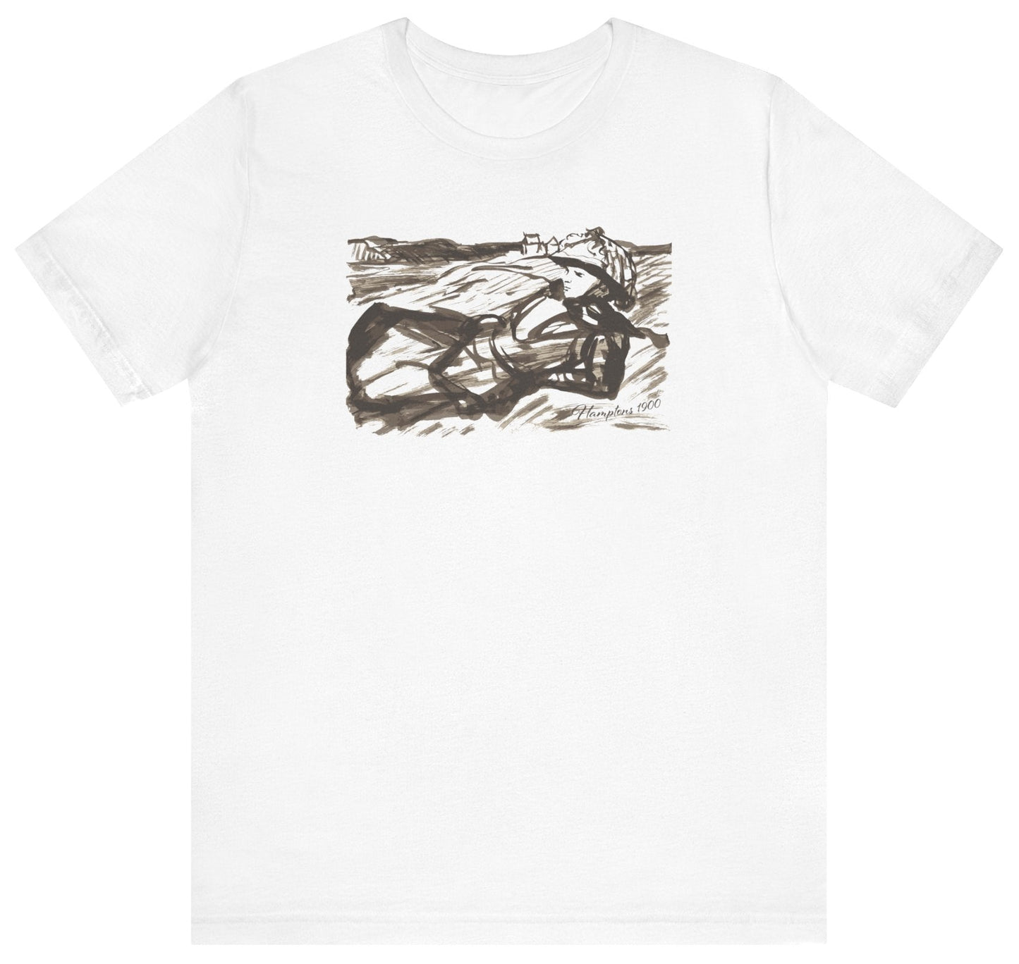 t-shirt with graphic of a woman on beach dunes and 'Hamptons 1900' text