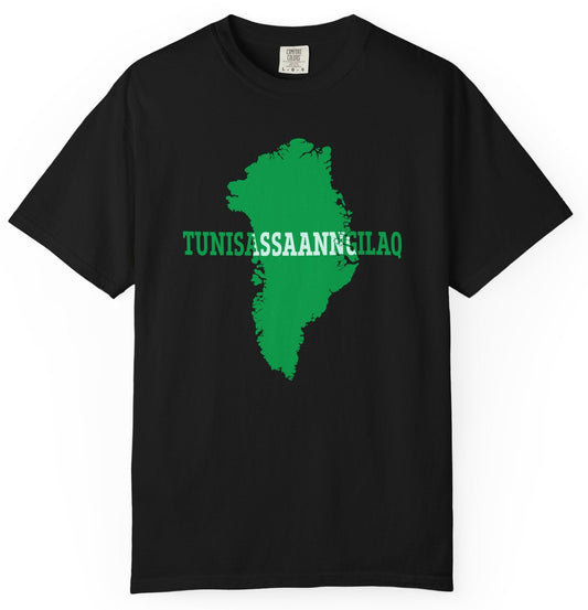 T-shirt with map of Greenland with text 'Not For Sale' in the Greenlandic language