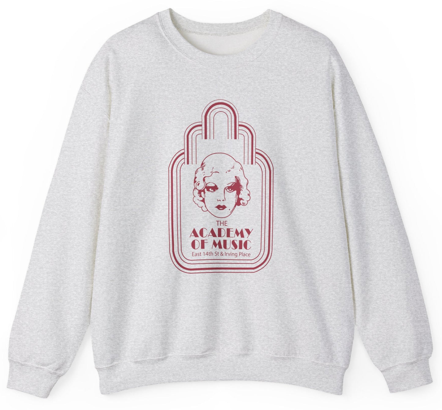 Gray sweatshirt with a red graphic design on a white background