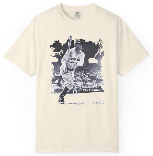 T-shirt with a graphic image of Babe Ruth playing baseball