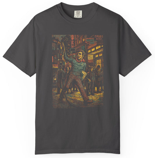 T-shirt with a graphic of a newsboy selling newspapers on a busy city street