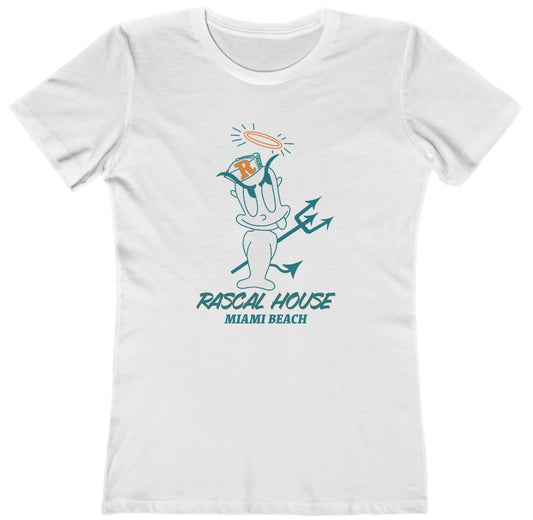 white t-shirt commemorating the old Rascal House restaurant with rascal character graphic and 'Rascal House Miami Beach' text