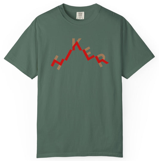 T-shirt with "hiker" text in a trail design.