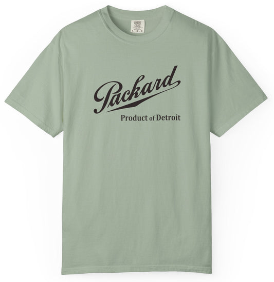 T-shirt with Packard graphic and 'Product of Detroit' text.
