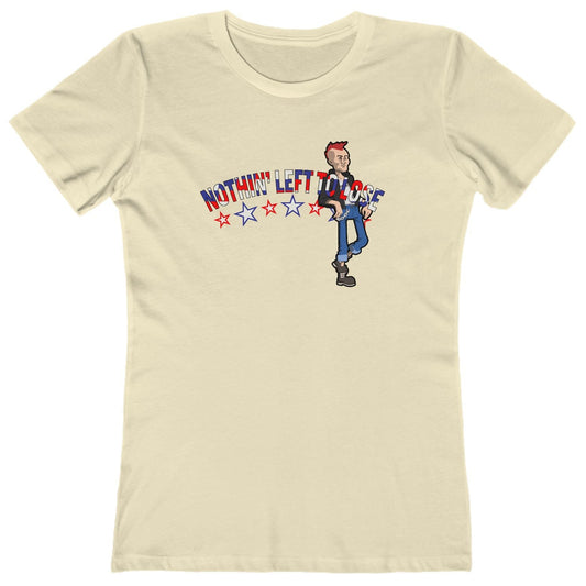 t-shirt with red white and blue text of 'Nothin' Left to Lose' and a graphic character in jeans.