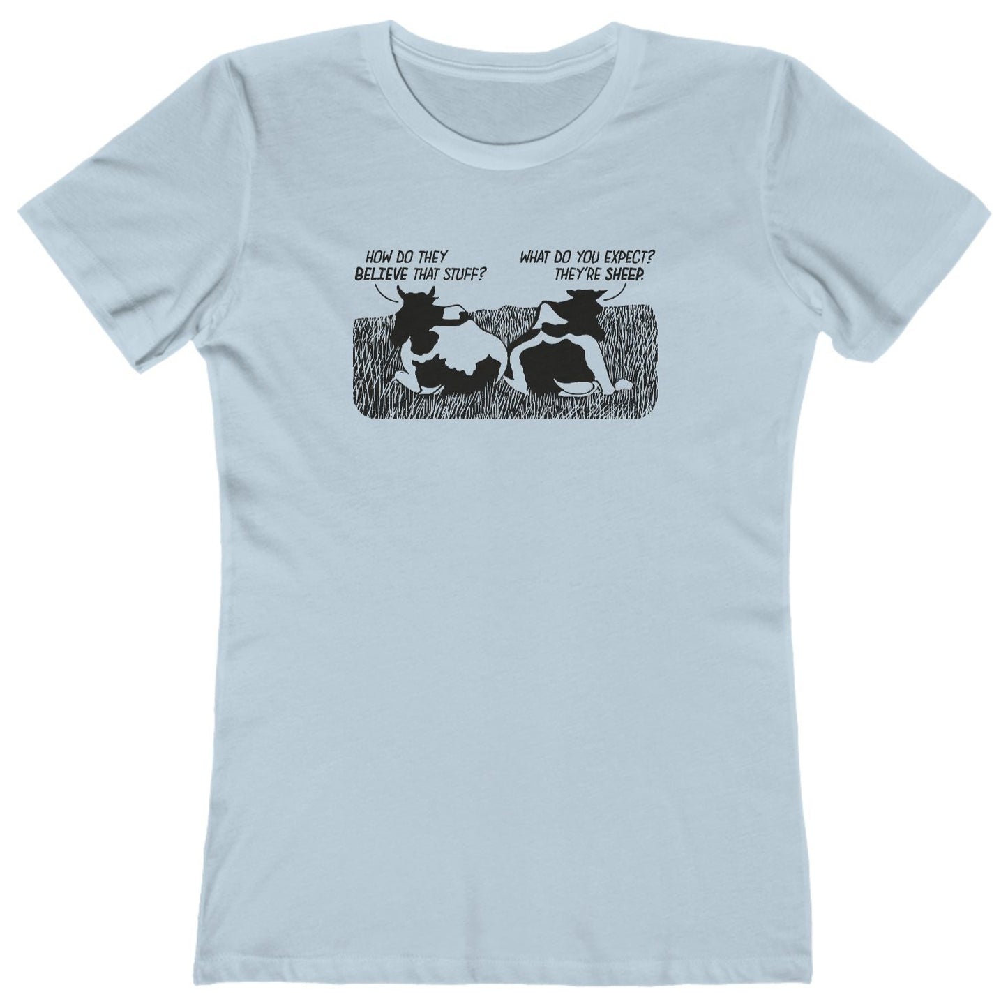 Light blue t-shirt with graphic cow design and funny text