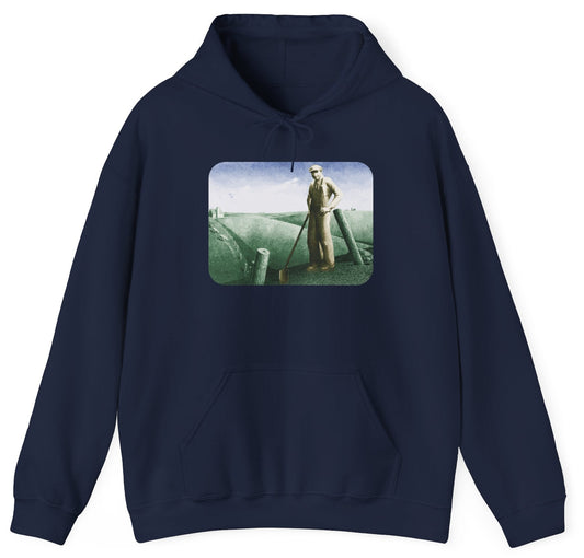 Hoodie with a graphic of a farmer and his field.