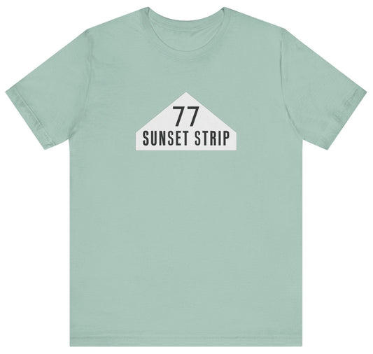 t-shirt with '77 Sunset Strip" text on an awning graphic from the 1960s Hollywood TV show