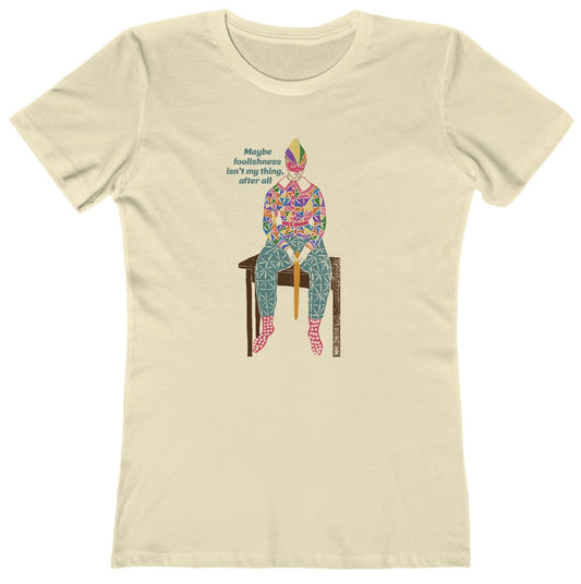 T-shirt with text and a graphic of a clownish character.