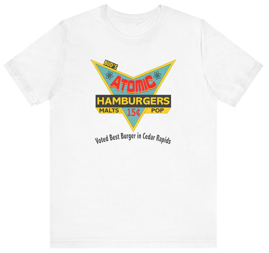 T-shirt with retro 'Atomic Hamburgers' sign graphic