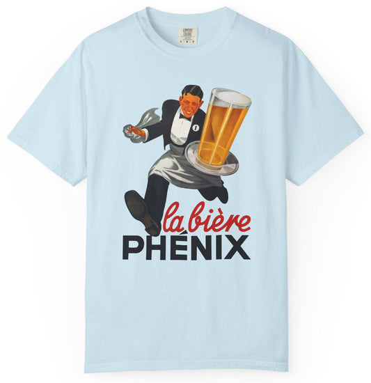 T-shirt with a graphic of a waiter and beer glass, featuring the text 'la bière PHéNIX'.