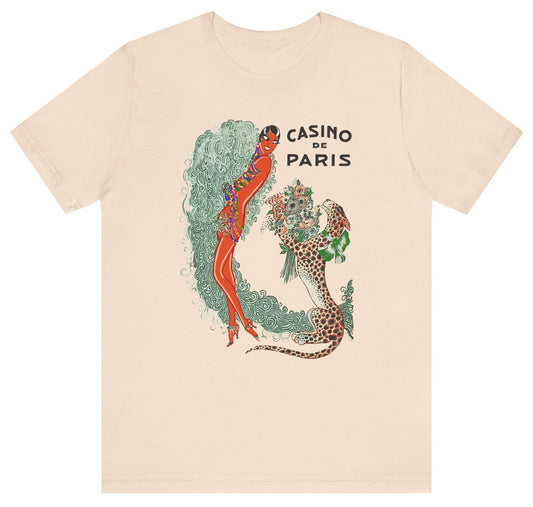 t-shirt with art deco graphic of Josephine Baker and a leopard with 'Casino de Paris' text