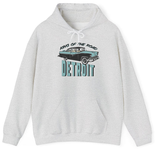 Hoodie with "King of the Road Detroit" text and classic car graphic.