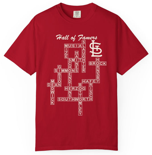 T-shirt with St Louis Cardinals Hall of Famers in crossword graphic