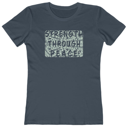 T-shirt with a green floral graphic and 'Strength Through Peace' text.