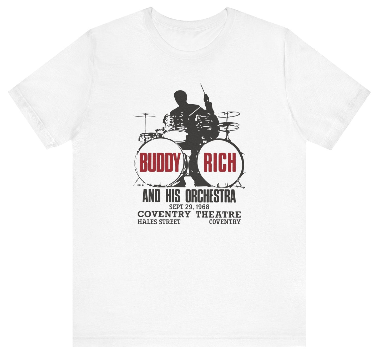 T-shirt with black graphic design featuring a drummer and "Buddy Rich" text on the drums.