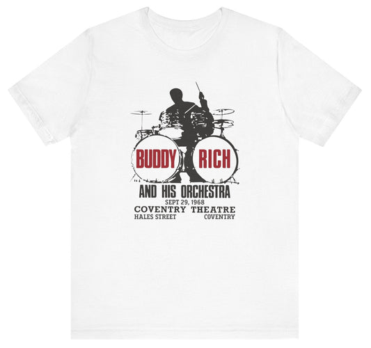 T-shirt with black graphic design featuring a drummer and "Buddy Rich" text on the drums.