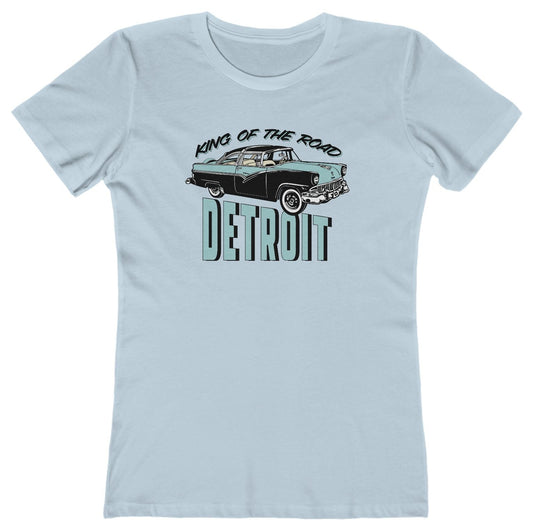 T shirt with "King of the Road Detroit" text and classic car graphic.