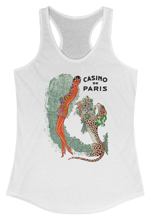 tank top with art deco graphic of Josephine Baker and a leopard with 'Casino de Paris' text